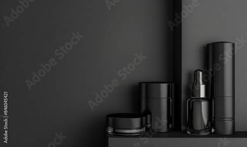 Lineup of black cosmetic beauty products. 3D Rendering © Deris Firmansyah