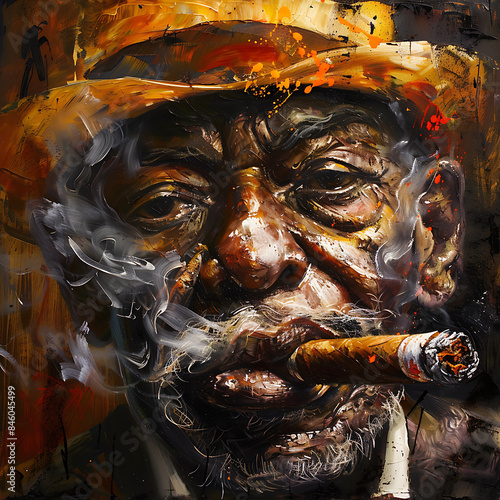 Painting of an Older Black Man Smoking a Cigar photo