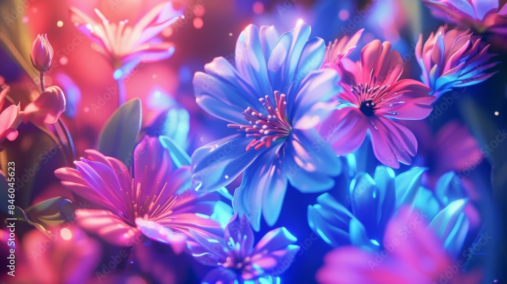 Fototapeta premium Explosions of electric blue and neon pink flowers creating a vibrant and eyecatching display of natures beauty.