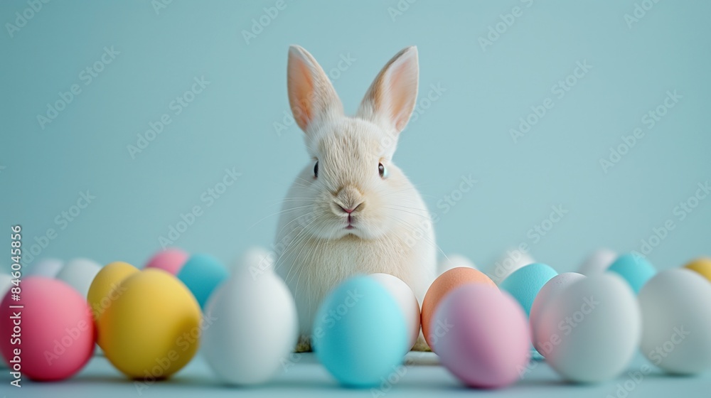 Fototapeta premium Cheerful and bright Easter celebration, showcasing colorful Easter eggs and a bunny figurine, minimalistic and clean, isolated on a white background. The image emphasizes joy and festivity.
