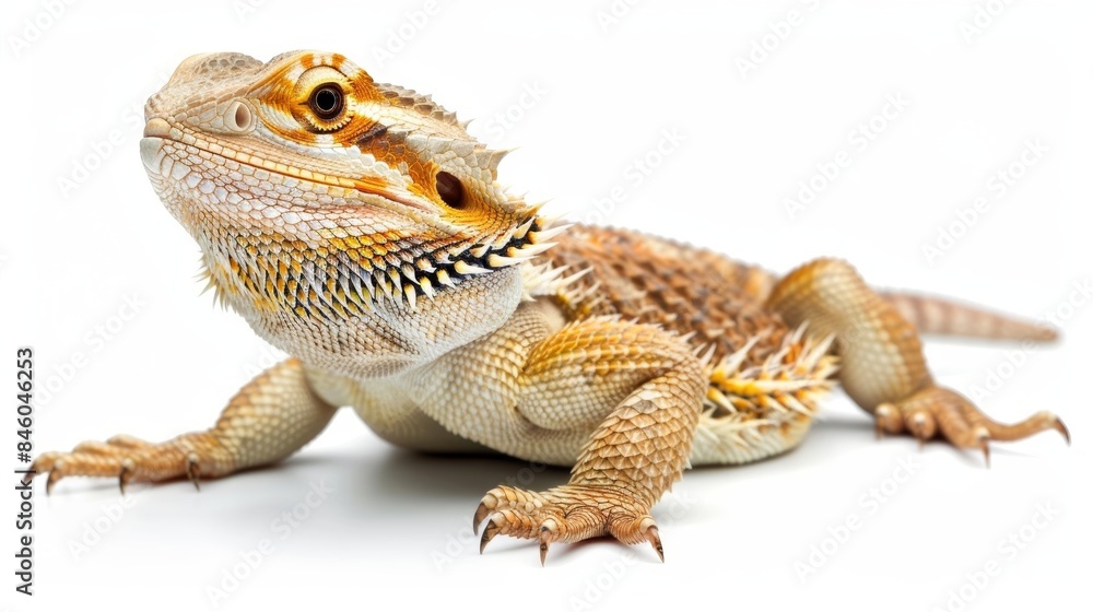 Obraz premium Beautiful bearded dragon peacefully rests on a white background, captivating with its curious eyes and intricate scales