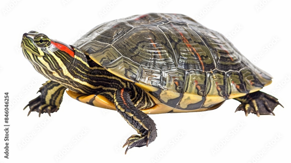Red-eared slider turtle, trachemys scripta elegans, slowly walking with its head raised Red-eared slider turtle, trachemys scripta elegans, slowly walking with its head raised