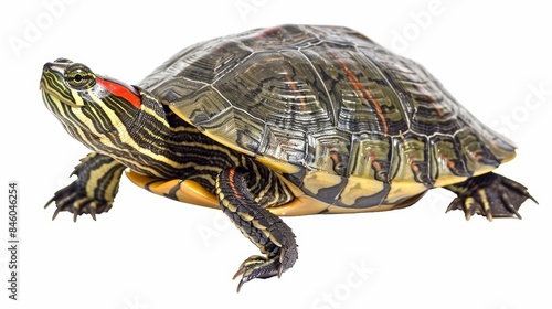 Red-eared slider turtle, trachemys scripta elegans, slowly walking with its head raised
