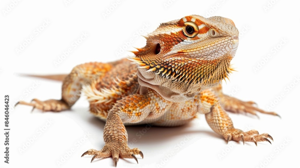 Obraz premium Close-up of a vibrant bearded dragon with alert expression, showcasing intricate scales and sharp claws against a white background