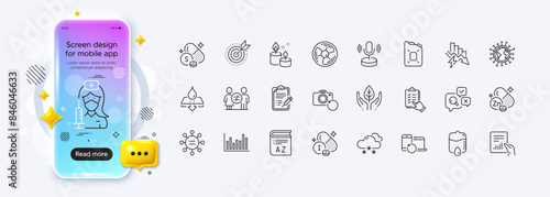 Aroma candle, Vocabulary and Recovery devices line icons for web app. Phone mockup gradient screen. Pack of Target purpose, Water resistant, Canister oil pictogram icons. Vector