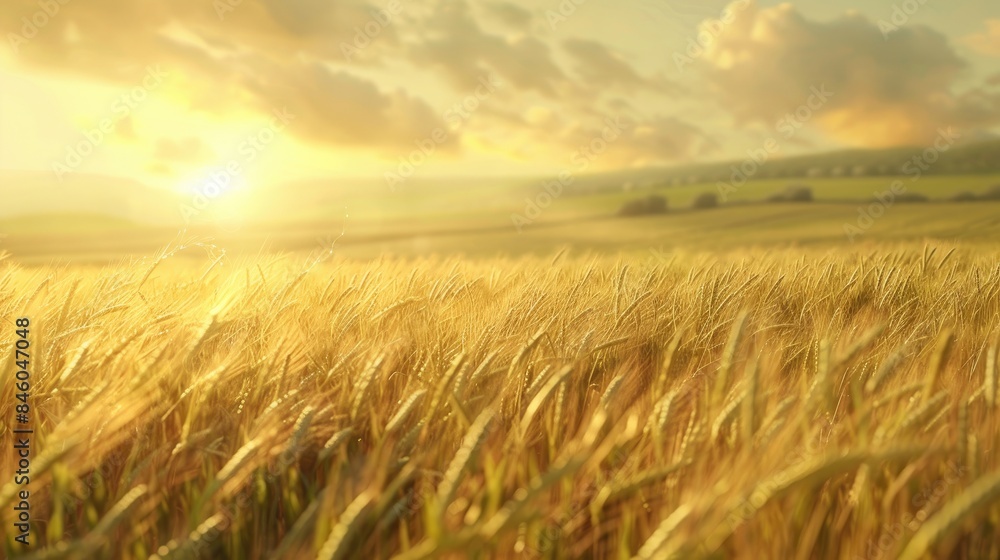Stock image of a flourishing wheat field with corn and a gentle breeze depicting agricultural scenery and natural beauty