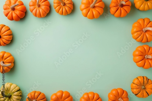 Various pumpkins arranged in a frame on a green background, ideal for fall and Halloween-themed projects. Copy space. Flat lay. Top view