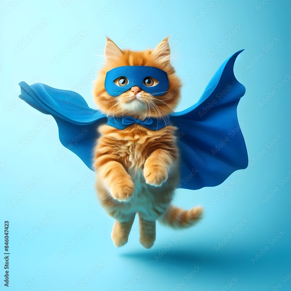Obraz premium superhero cat, Cute orange tabby kitty with a blue cloak and mask jumping and flying on light blue background with copy space. The concept of a superhero, super cat. Ai generated 