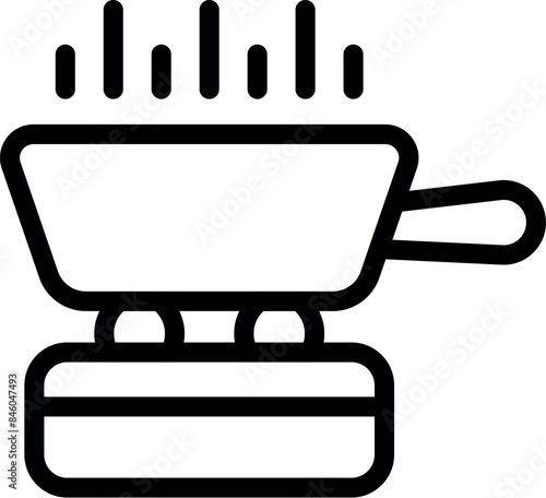 Black and white icon of a pan heating on a camping stove with steam coming out of it