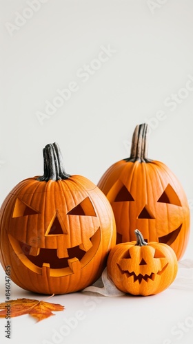 Elegant and festive Halloween scene, showcasing carved pumpkins with friendly faces, minimalistic and bright, isolated on a white background. The design captures the holiday spirit.  © Liana