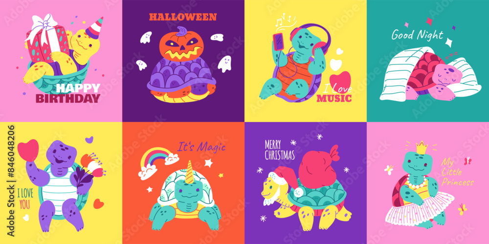 Festive turtles celebration vector illustration set Festive turtles celebration vector illustration set