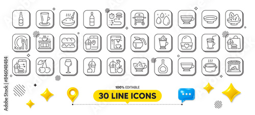 Food app, Cocktail and Salad line icons pack. 3d design elements. Dish, Ice cream, Cappuccino web icon. Juice, Food delivery, Wine bottle pictogram. Teacup, Cherry, Dry cappuccino. Vector