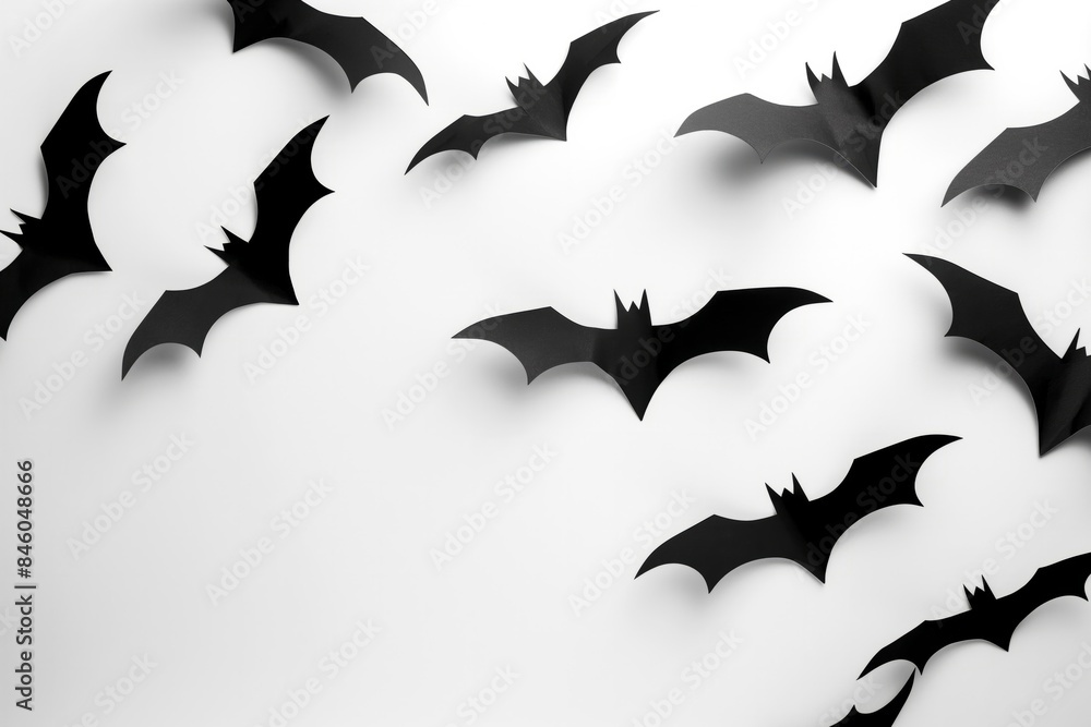 Fototapeta premium Black bats flying across a white background, ideal for Halloween-themed designs and festive projects. Copy space. Flat lay. Top view