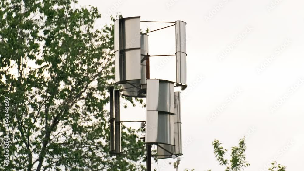 Homemade wind generator against a background of trees and a cloudy sky. The concept of alternative energy in post-apocalypse Homemade wind generator against a background of trees and a cloudy sky. The concept of alternative energy in post-apocalypse