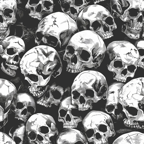 A seamless pattern of human skulls, ideal for Halloween-themed designs and festive projects.