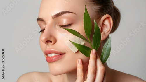 Woman with green leaf and smooth skin.A close-up portrait of a woman using a green face mask and leaf as part of a skincare routine, showing health and natural beauty