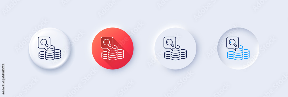 Inspect line icon. Neumorphic, Red gradient, 3d pin buttons. Budget accounting sign. Search money symbol. Line icons. Neumorphic buttons with outline signs. Vector Inspect line icon. Neumorphic, Red gradient, 3d pin buttons. Budget accounting sign. Search money symbol. Line icons. Neumorphic buttons with outline signs. Vector