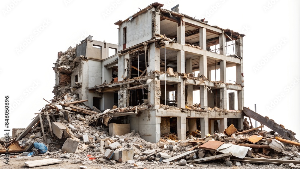 A building is being demolished with a pile of rubble in front on white background A building is being demolished with a pile of rubble in front on white background