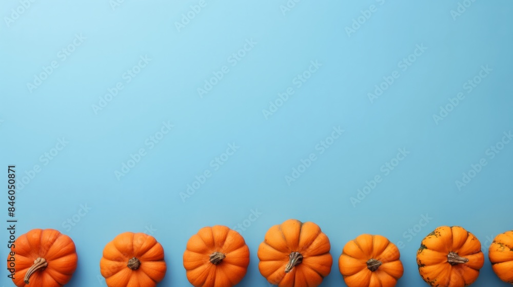 Neatly arranged pumpkins in a row on a blue background, perfect for fall-themed projects and seasonal designs. Copy space. Flat lay. Top view Neatly arranged pumpkins in a row on a blue background, perfect for fall-themed projects and seasonal designs. Copy space. Flat lay. Top view