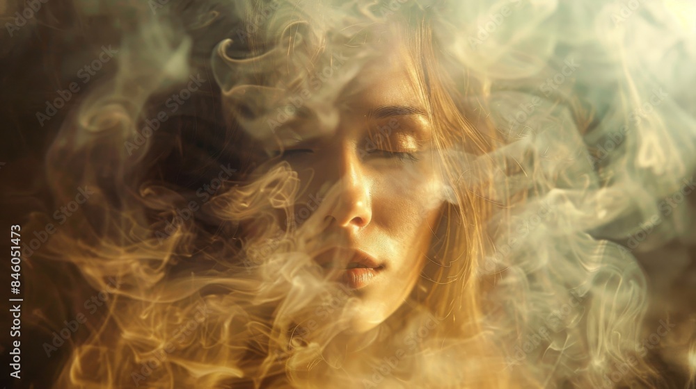 The mixture of soft and bright smoke creates a surreal and dreamy portrait evoking a sense of wonder in the viewer. The mixture of soft and bright smoke creates a surreal and dreamy portrait evoking a sense of wonder in the viewer.