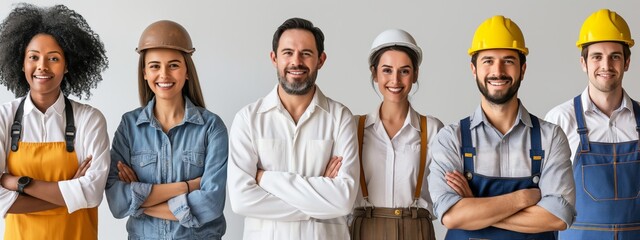 A simple and elegant Labor Day setup, with workers of various professions smiling, minimalistic style, isolated on a white background. The bright design highlights unity and joy.
