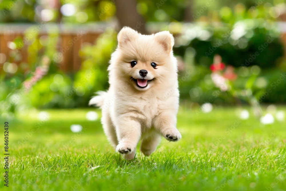 White pomeranian puppy running on green grass, minimalist design with copy space White pomeranian puppy running on green grass, minimalist design with copy space