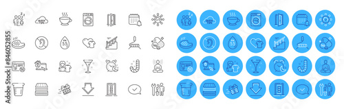 Washing machine, 5g internet and Grilled steak line icons pack. Sodium mineral, Stairs, Paint roller web icon. Alarm, Open door, Sleep pictogram. Present delivery, Repairman, Quick tips. Vector