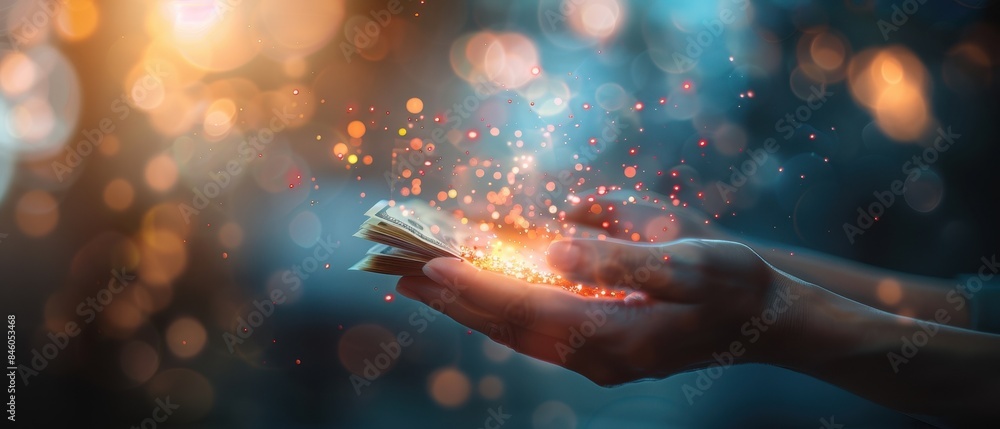 A dreamy image of a hand releasing magical, glowing particles into the night, creating a mysterious and enchanting atmosphere. A dreamy image of a hand releasing magical, glowing particles into the night, creating a mysterious and enchanting atmosphere.