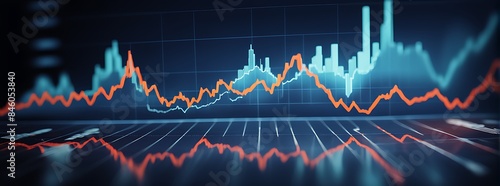 Perspective View of Stock Market Growth with Digital Financial Charts and Indicators on Dark Blue Background