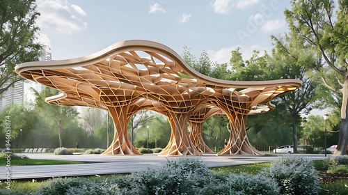High tech timber structure above a park no one thier photo