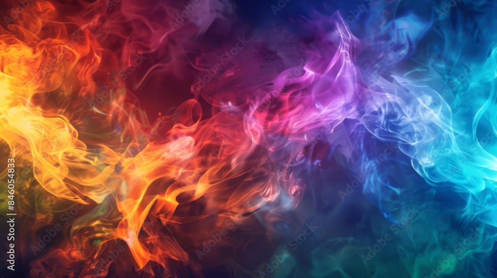A beautiful cascade of colorful smoke fills the frame creating a stunning contrast against the deep darkness. A beautiful cascade of colorful smoke fills the frame creating a stunning contrast against the deep darkness.