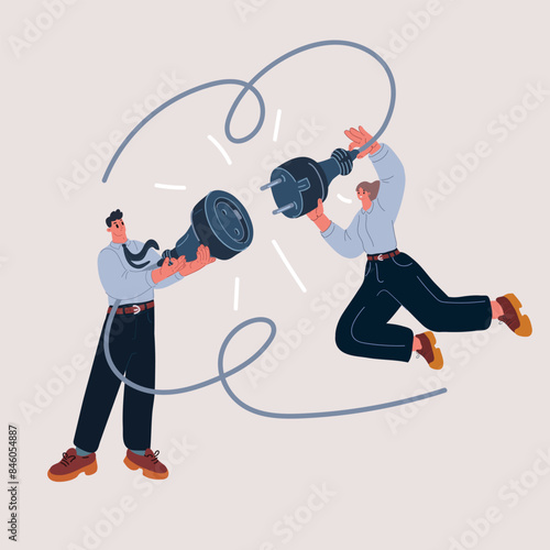 Cartoon vector illustration of Disconnected business, broken communication, 404 or disconnect from social media distraction or monitor screen, man and woman pull electric socket plug to connect to int