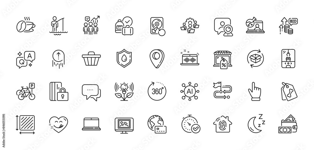 Online chemistry, Square area and Bicycle parking line icons pack. AI, Question and Answer, Map pin icons. Pet tags, Photo thumbnail, Video conference web icon. Vector