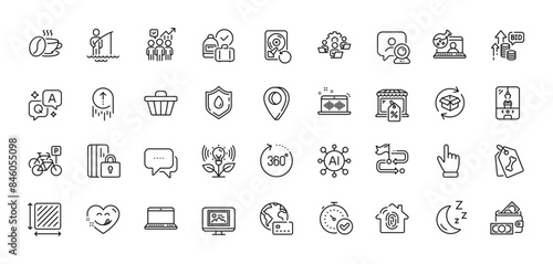 Online chemistry, Square area and Bicycle parking line icons pack. AI, Question and Answer, Map pin icons. Pet tags, Photo thumbnail, Video conference web icon. Vector