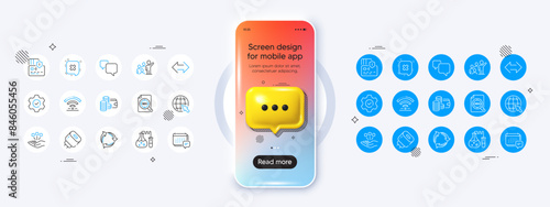 Phone mockup with 3d chat icon. Card, Seo file and Execute line icons. Pack of Speech bubble, Consolidation, Recycle icon. Leadership, Internet, Chemistry lab pictogram. Reject, Sync, Message. Vector