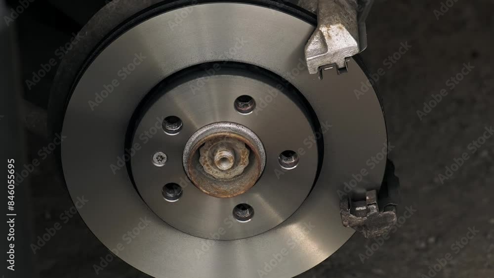 A mechanic in a car repair shop screws on a new shiny brake disc with a wrench close up. Car repairs A mechanic in a car repair shop screws on a new shiny brake disc with a wrench close up. Car repairs
