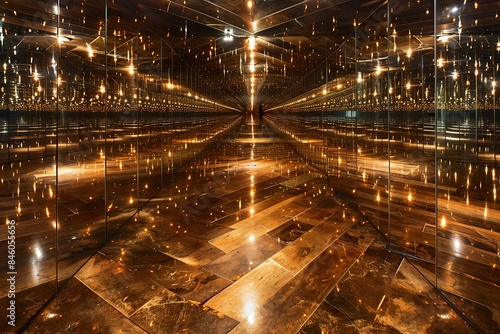 A labyrinth of mirrors that extend into infinity, with ever-changing lights and shadows
