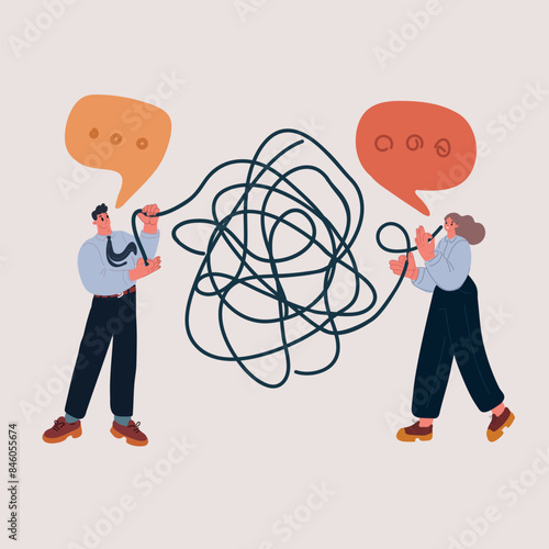 Cartoon vector illustration of Unravel business chaos process with tangle difficult problem mess business. Chaos to order, complex to simple metaphor with person trying solve mess cable