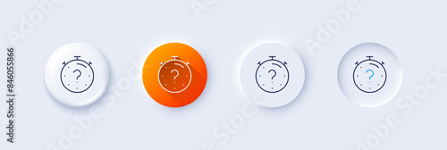 Quiz line icon. Neumorphic, Orange gradient, 3d pin buttons. Timer with question mark. Faq time symbol. Line icons. Neumorphic buttons with outline signs. Vector