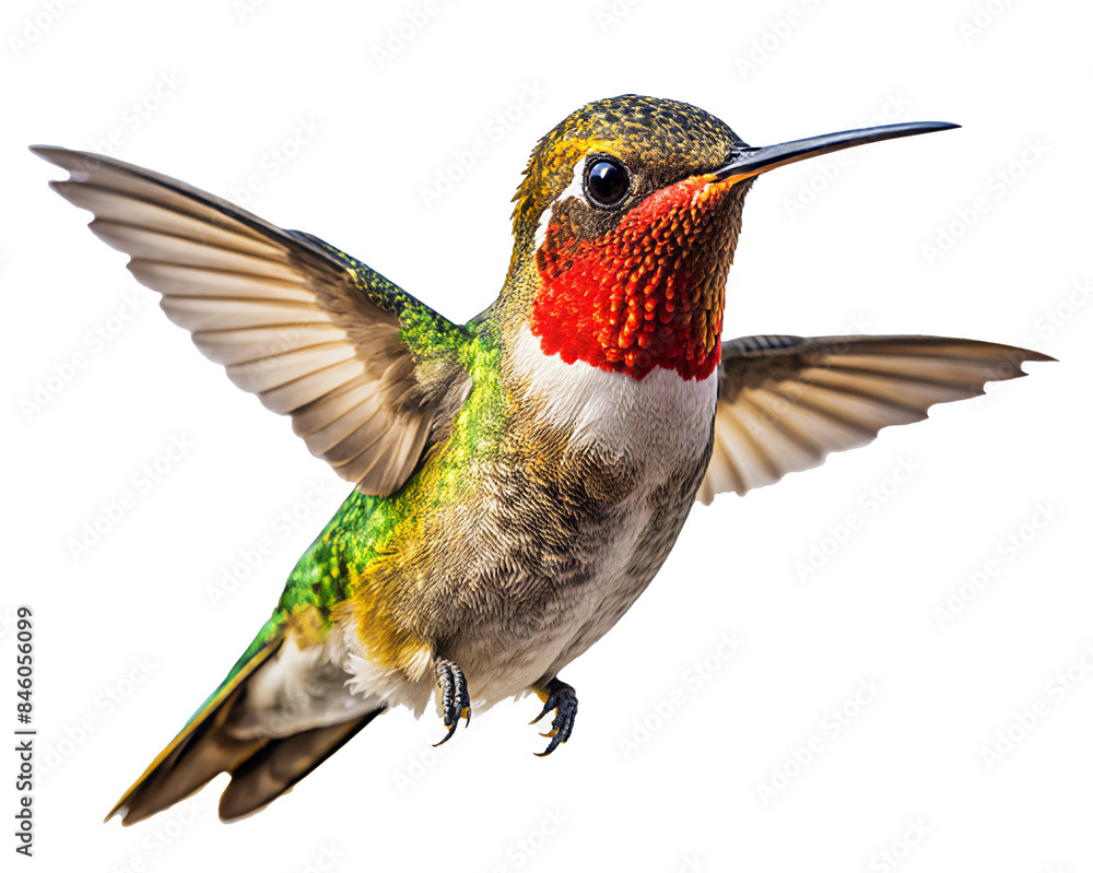 Obraz premium A ruby-throated hummingbird in mid-flight, displaying its dazzling green and red feathers. The bird's wings are caught in motion, creating a dynamic image. transparent background