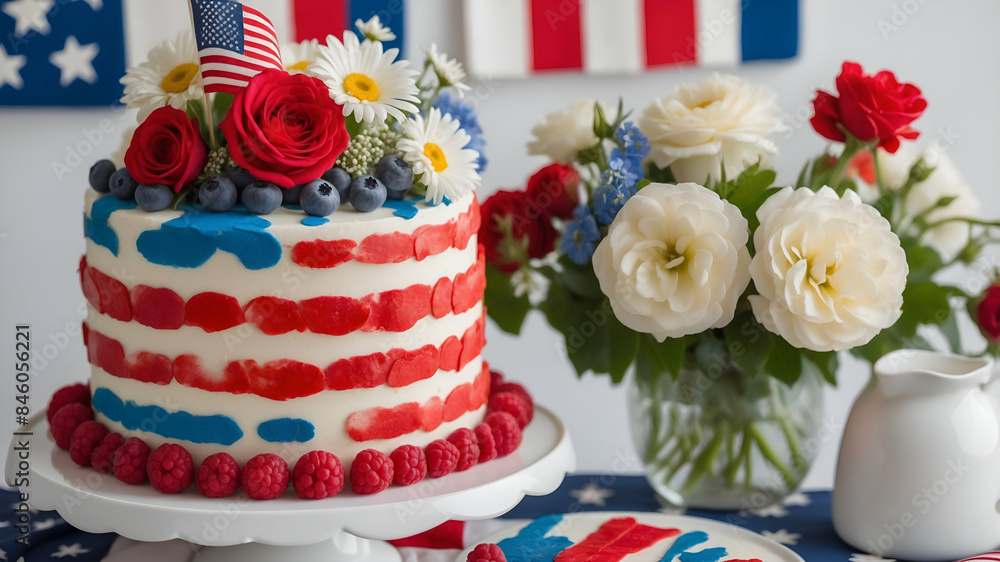 custom made wallpaper toronto digitalA decorative cake in patriotic colors and adorned with flowers sits on a table