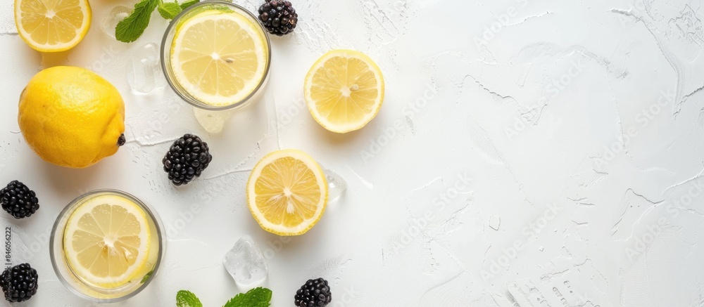 Lemonade with blackberry on a white background in a long banner format, with a top view and space for text. Lemonade with blackberry on a white background in a long banner format, with a top view and space for text.