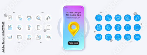 Phone mockup with 3d map pin icon. Video conference, Megaphone and Seo analysis line icons. Pack of Scuba diving, Winner podium, Power certificate icon. Vector
