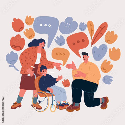 Cartoon vector illustration of Child on wheelchair together with his family. Sports activities for disabled people inclusion. Boy with disability on wheel chair.