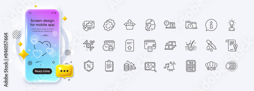Chemistry pipette, Reject certificate and Clipboard line icons for web app. Phone mockup gradient screen. Pack of Cloud computing, Online test, Anti-dandruff flakes pictogram icons. Vector