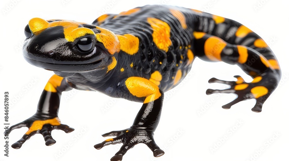 Black and yellow fire salamander posing on all fours against a pure white backdrop Black and yellow fire salamander posing on all fours against a pure white backdrop