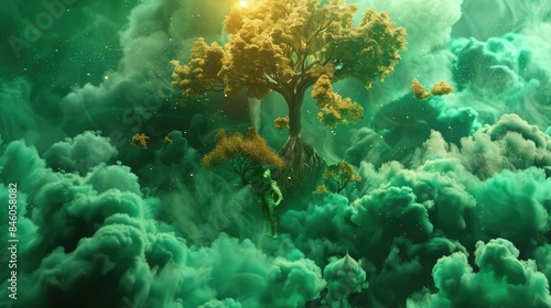 An intense burst of green and gold smoke, with a 3D animated eco-warrior planting trees that grow rapidly, symbolizing sustainability trends photo