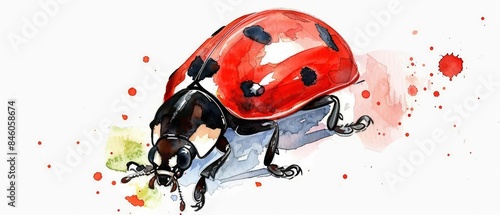 A cheerful watercolor clipart of a ladybug with bright red spots on a white background