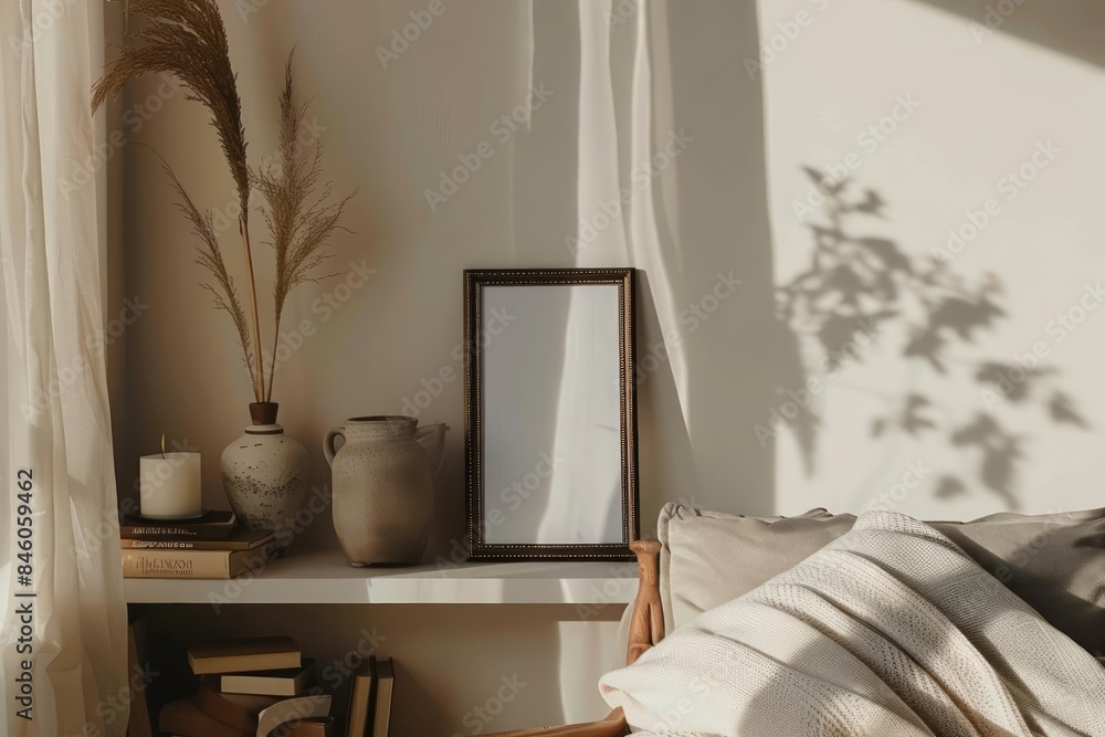 Fototapeta premium A cozy reading nook with a small mockup frame on a minimalist shelf