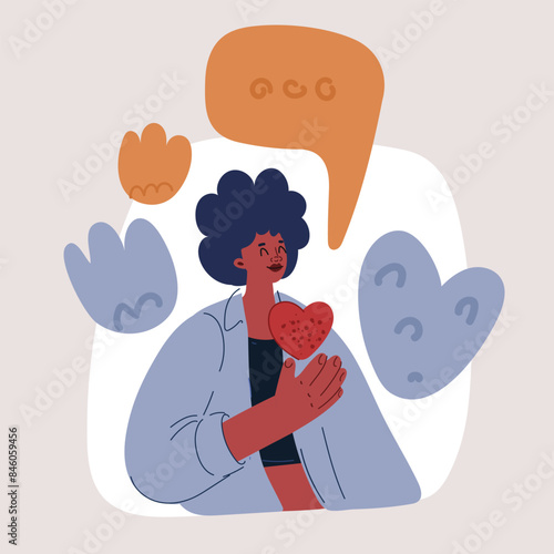 Cartoon vector illustration of Portrait of pretty cheerful glad wavy-haired girl holding in hands heart shape amour